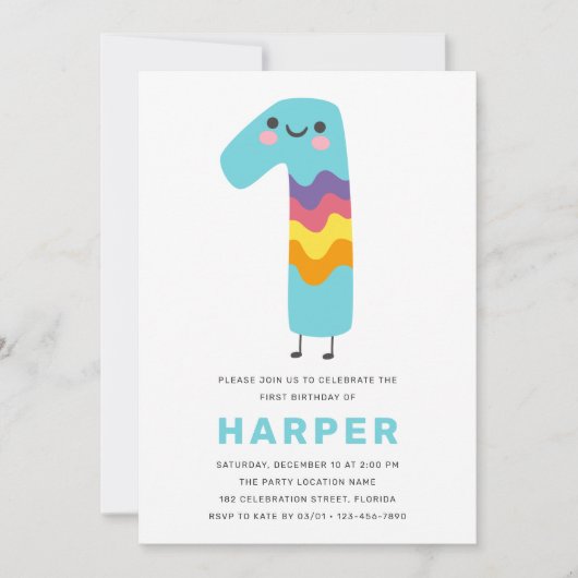 可愛いモダン最初の誕生日- 1歳の誕生日 招待状 (正面)