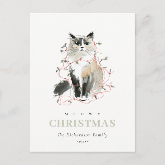 可愛いモダン水彩メオウィクリスマスライトキャット シーズンポストカード (正面)