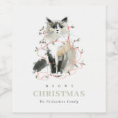 可愛いモダン水彩メオウィクリスマスライトキャット ワインラベル (シングルラベル)