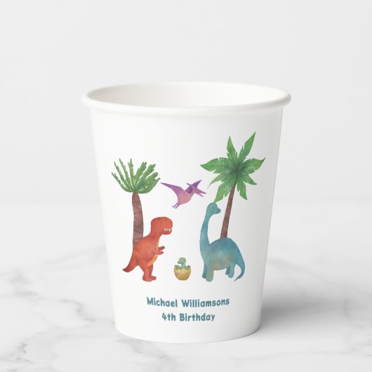 可愛いモダン水彩恐竜をテーマにした誕生日 紙コップ (裏面)