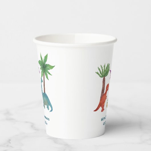 可愛いモダン水彩恐竜をテーマにした誕生日 紙コップ (左)