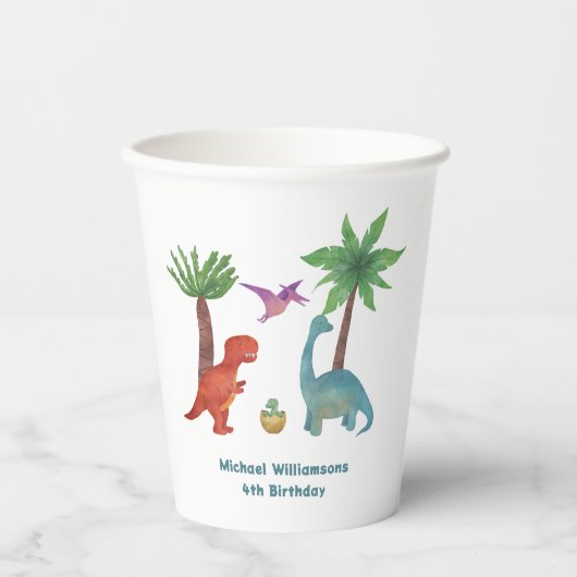 可愛いモダン水彩恐竜をテーマにした誕生日 紙コップ (正面)