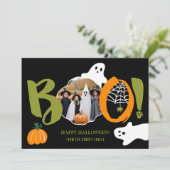 可愛いモダン緑のブー幽霊2枚の写真ハロウィーン シーズンカード (スタンド正面)