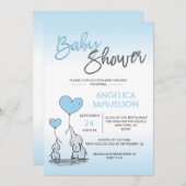 可愛いモダンBOY BLUE Mommy Elephant & Baby Shower 招待状 (正面/裏面)