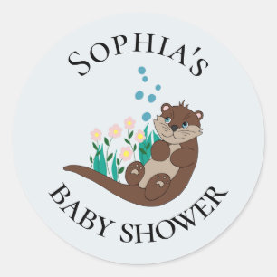 可愛いモダンOtter Cartoon Flowers Name Baby Shower ラウンドシール