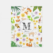 可愛いモノグラムのサファリ柄のアライグマ白 フリースブランケット (正面)