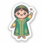可愛いモロッコ風カフタン 伝統的な緑のドレス シール (正面)