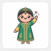 可愛いモロッコ風カフタン 伝統的な緑のドレス スクエアシール (正面)