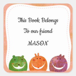可愛いモンスターあなたの名前を追加テンプレート蔵書票 スクエアシール