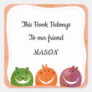 可愛いモンスターあなたの名前を追加テンプレート蔵書票 スクエアシール