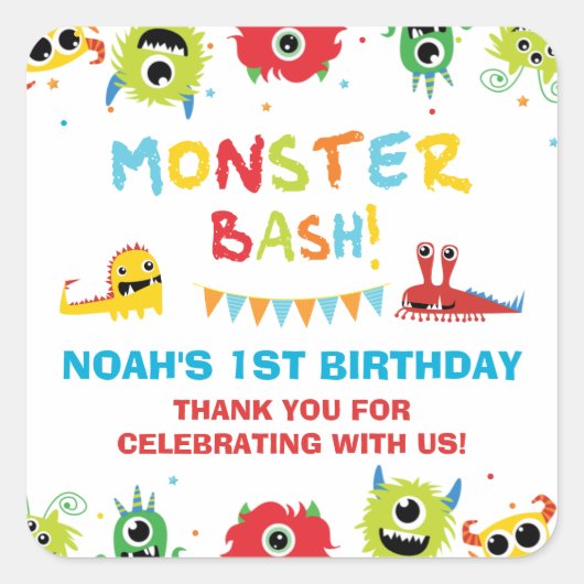 可愛いモンスターズボーイ1歳の誕生日ありがとう スクエアシール (正面)