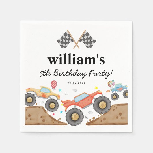 可愛いモンスタートラックバッシュカーレースフラグ誕生日 スタンダードカクテルナプキン (正面)
