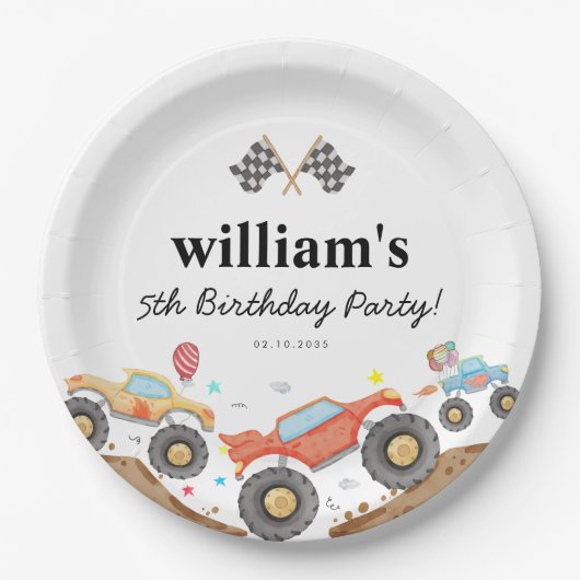 可愛いモンスタートラックバッシュカーレースフラグ誕生日 ペーパープレート (正面)