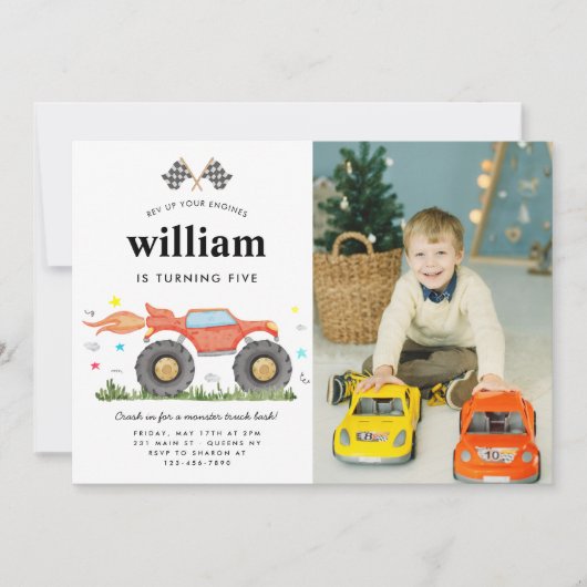 可愛いモンスタートラックバッシュレースフォト子供の誕生日 招待状 (正面)