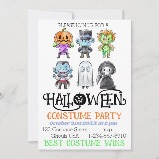 可愛いモンスターハロウィンコスチュームパーティー 招待状 (正面)