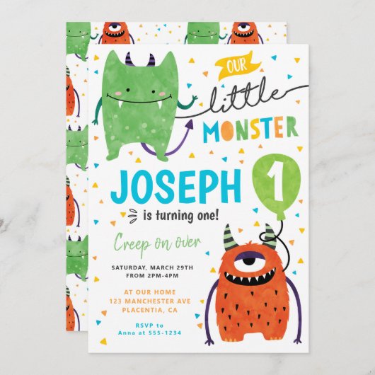 可愛いモンスターバースデーパーティー 招待状 (正面/裏面)