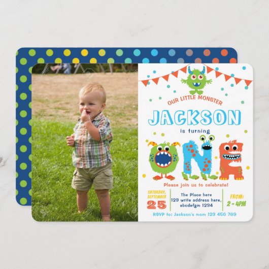 可愛いモンスターボーイ1歳の誕生日の写真 招待状 (正面/裏面)