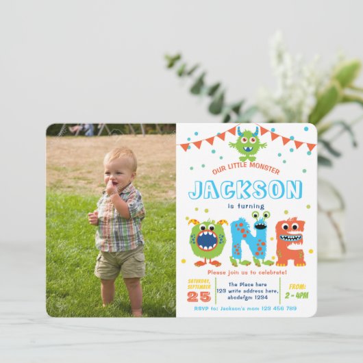 可愛いモンスターボーイ1歳の誕生日の写真 招待状 (スタンド正面)