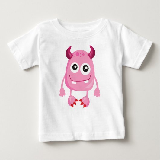 可愛いモンスター、ピンクのモンスター、モンスタおもしろいー、ホーン ベビーTシャツ (正面)