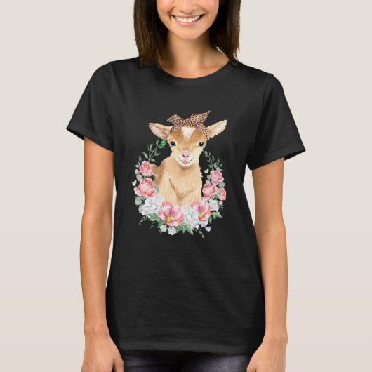 可愛いヤギとヒョウ鉢巻ぼほ花可愛いG Tシャツ (正面)