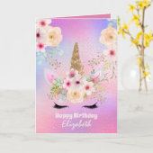 可愛いユニコーンかわいらしガーリーファンタジーピンク紫 カード (黄色い花)