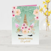 可愛いユニコーンかわいらしファンタジーガーリーグリーンピンク カード (黄色い花)