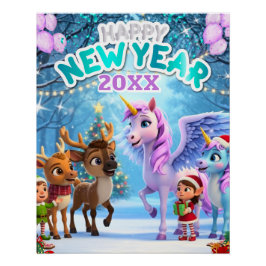 可愛いユニコーンとトナカイの子供向け新年ポスター ポスター