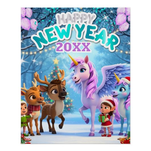 可愛いユニコーンとトナカイの子供向け新年ポスター ポスター (正面)