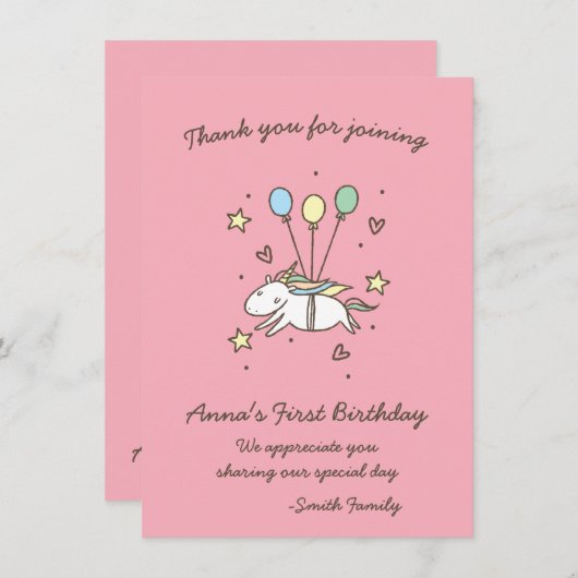 可愛いユニコーンのローレル。バースデー.サンキュー. 招待状 (正面/裏面)