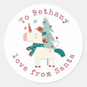 可愛いユニコーンの子供の名前ラブサンタクリスマス ラウンドシール (正面)