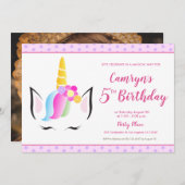 可愛いユニコーンガールの5歳の誕生日パーティー写真 招待状 (正面/裏面)