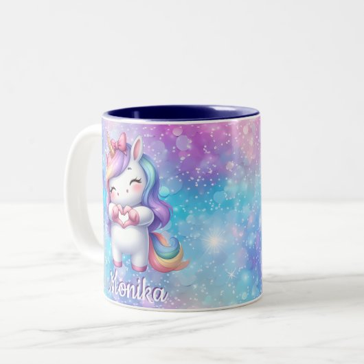 可愛いユニコーングリッター私はあなたを愛しパーソナライズされたている ツートーンマグカップ (正面左)