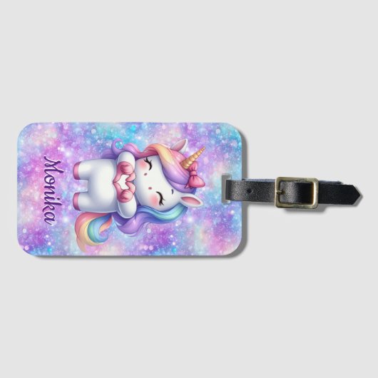 可愛いユニコーングリッター私はあなたを愛しパーソナライズされたている ラゲッジタグ (正面横)