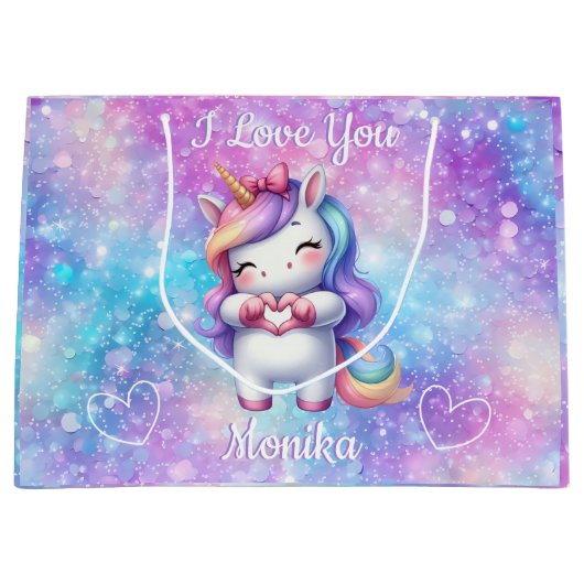 可愛いユニコーングリッター私はあなたを愛しパーソナライズされたている ラージペーパーバッグ (正面)