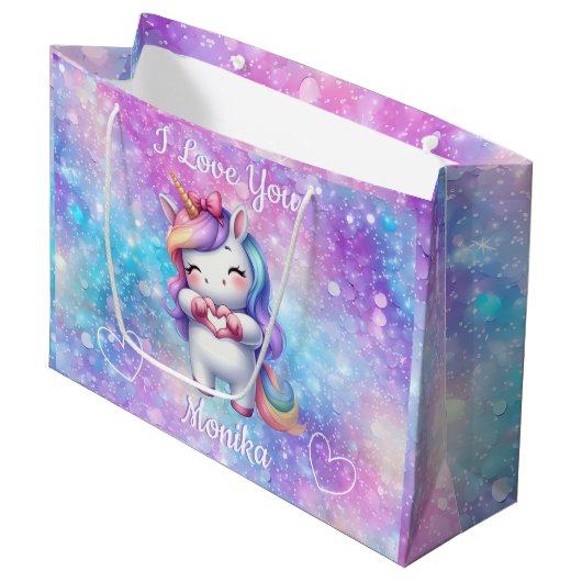 可愛いユニコーングリッター私はあなたを愛しパーソナライズされたている ラージペーパーバッグ (正面アングル)