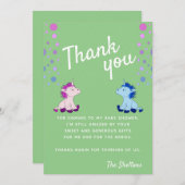 可愛いユニコーングリーン双子と女の子の赤ちゃんシャワー サンキューカード (正面/裏面)