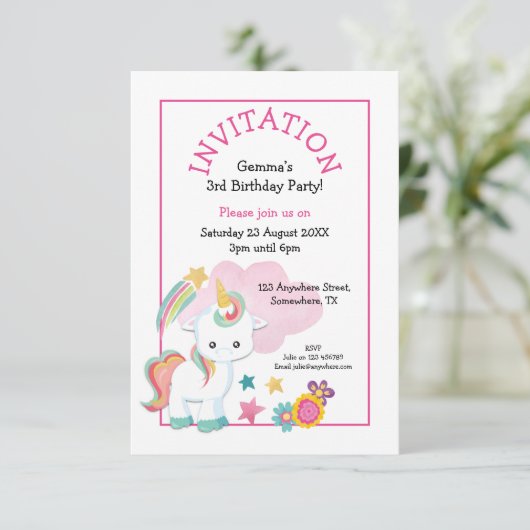 可愛いユニコーンピンクの若い子供の誕生日パーティー 招待状 (スタンド正面)