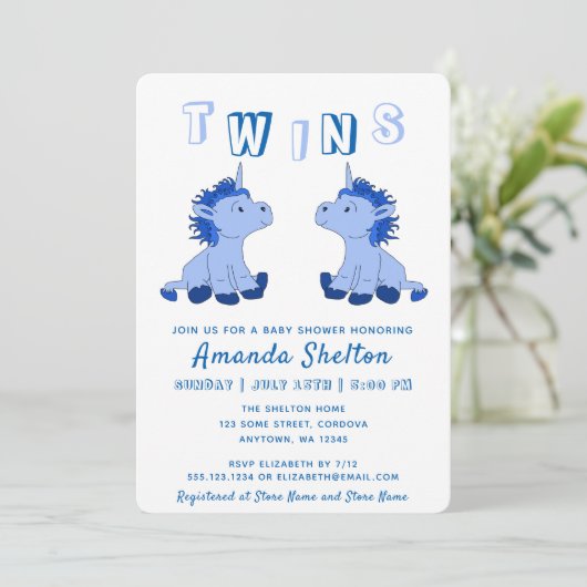 可愛いユニコーンブルーツインズボーイズベイビーシャワー 招待状 (スタンド正面)