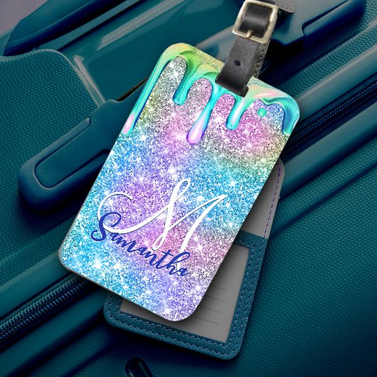 可愛いユニコーンブルーピンクグリッタードリップスモノグラム ラゲッジタグ