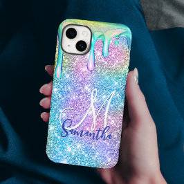 可愛いユニコーンブルーピンクグリッタードリップスモノグラム Case-Mate iPhone 14ケース