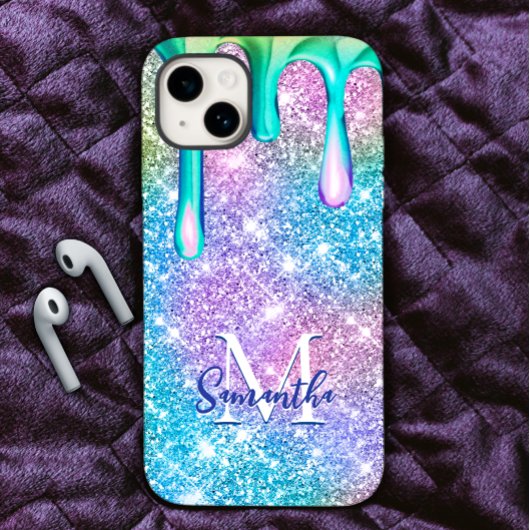 可愛いユニコーンブルーピンクグリッタードリップスモノグラム Case-Mate iPhoneケース