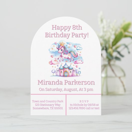 可愛いユニコーンマジカルキャッスルガールバースデーパーティー 招待状 (スタンド正面)
