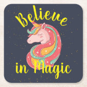 可愛いユニコーン信じイン魔法イエローオレンジ スクエアペーパーコースター (正面)