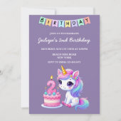 可愛いユニコーン家族の写真紫の2番目の誕生日 招待状 (正面)
