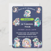 可愛いユニコーン恐竜の虹の友人誕生日子供 招待状 (正面)