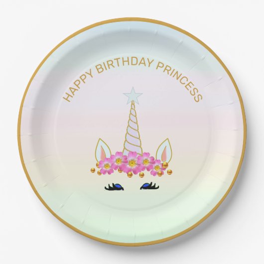 可愛いユニコーン,花と金ゴールドドットonパステルシェード ペーパープレート (正面)