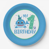 可愛いユニセックスベビーシャーク誕生日 ペーパープレート (正面)