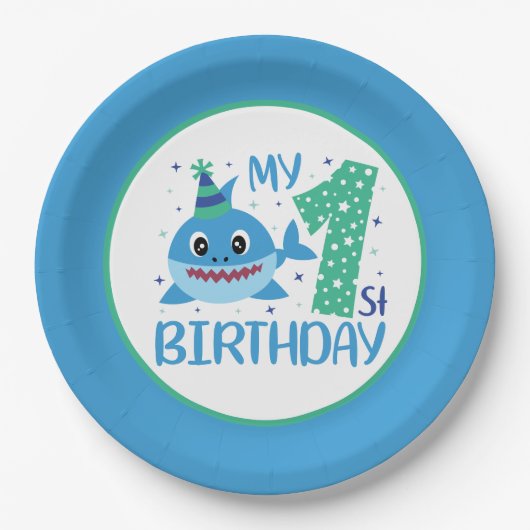 可愛いユニセックスベビーシャーク誕生日 ペーパープレート (正面)