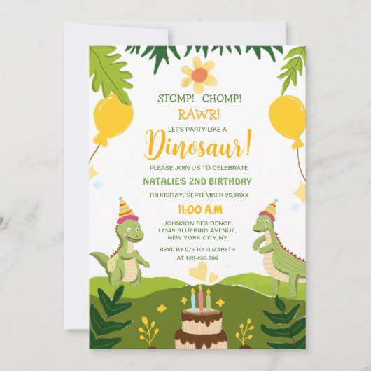 可愛いユニーク恐竜の子供の誕生日 招待状 (正面)