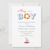 可愛いヨットと「Ahoy It's a Boy」ボーイベイビーシャワー 招待状 (正面)